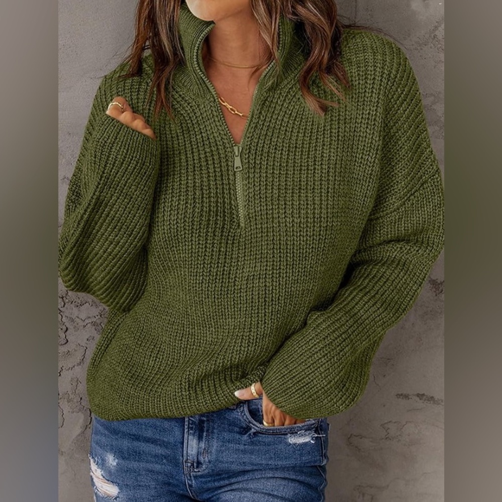 Merokeety women’s long sleeve 1/4 zip Armygreen sweater Large